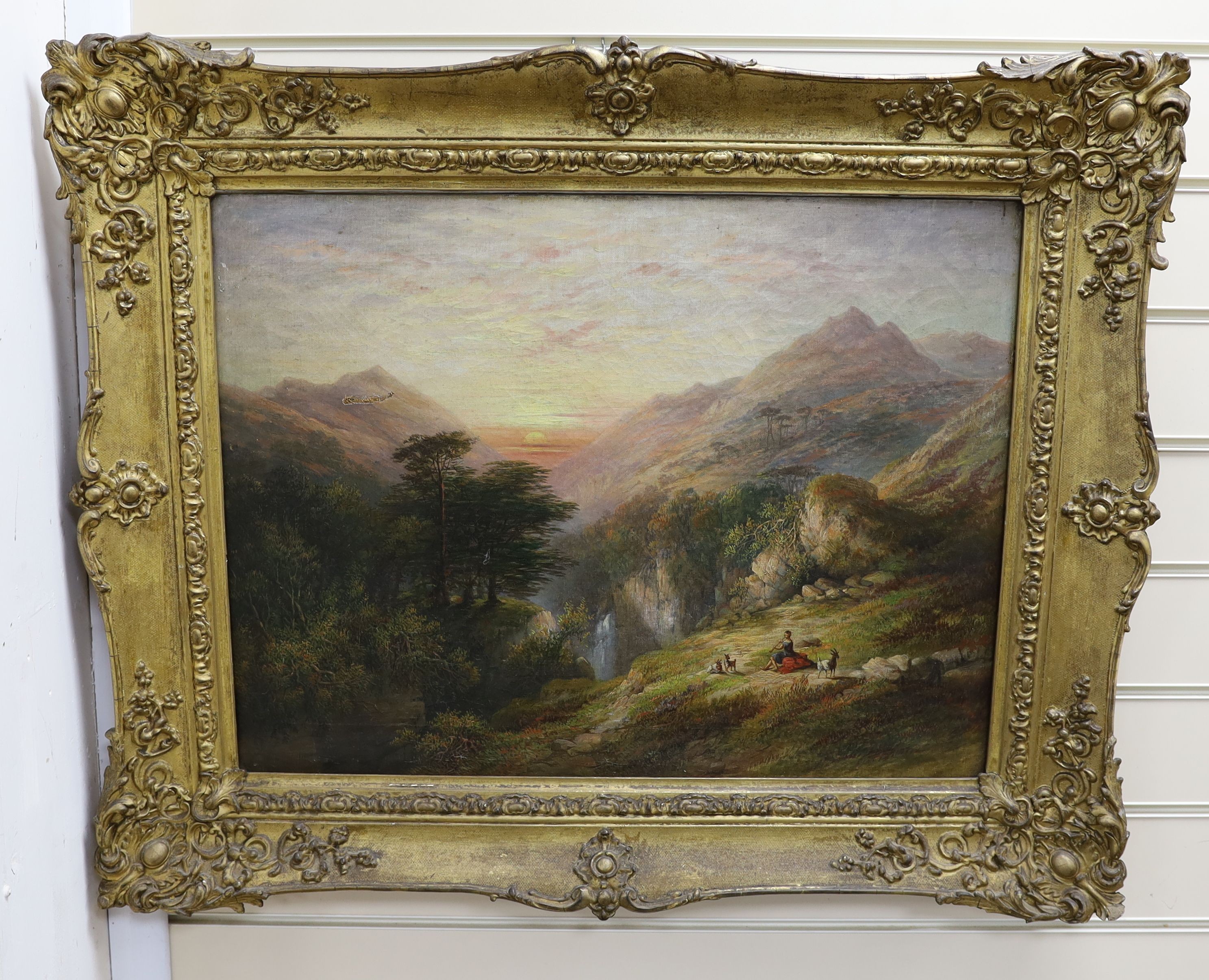 19th century English School, oil on canvas, Goatherd in a landscape at sunset, 45 x 59cm